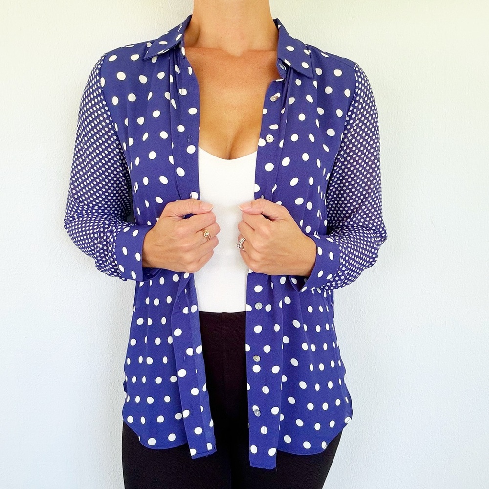 Rose + Olive blue white mixed pattern polka dot button down blouse size small